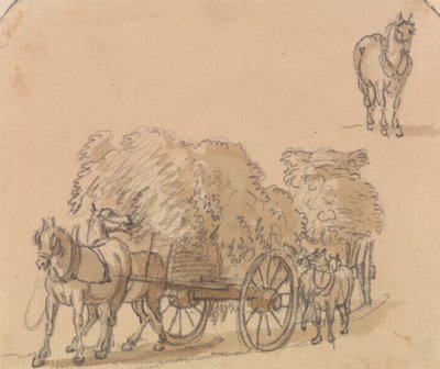 Zwei beladene Heuwagen mit Pferden von Paul Sandby